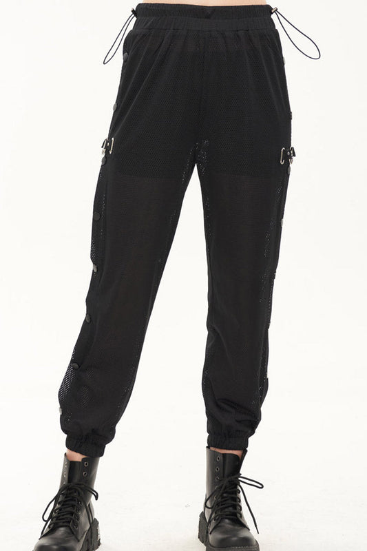 Black Punk Sports Style Metal Five-Star Decoration Trouser Leg Button Detachable Women's Long Pants