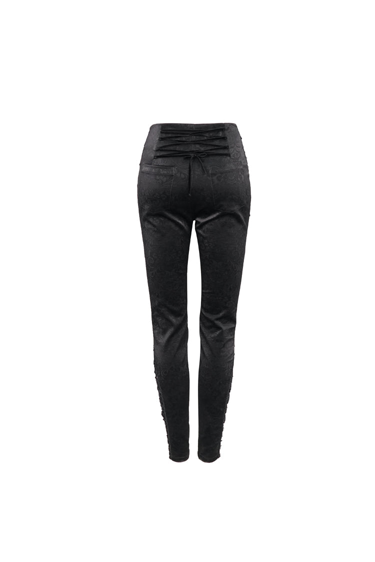 Black Textured Pattern Lace Decoration Metal Zipper Mid-High Waist Tie Women's Gothic Trousers