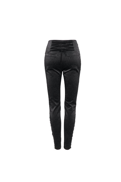 Black Textured Pattern Lace Decoration Metal Zipper Mid-High Waist Tie Women's Gothic Trousers