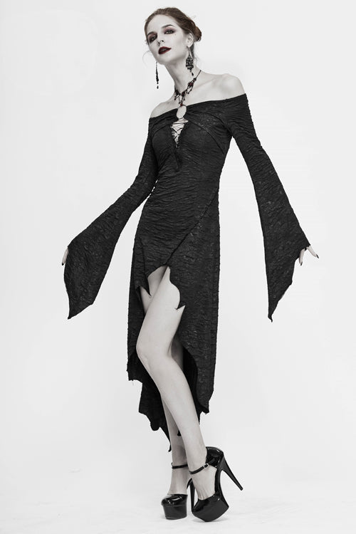 Black Sexy Stretchy Pleated Laced Up Waist Off Shoulder Slim Gothic Womens Dress