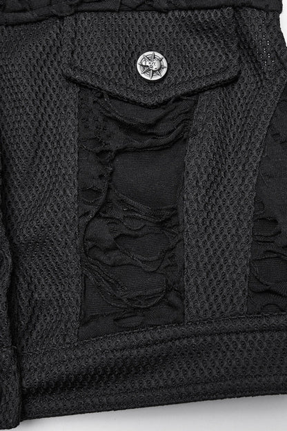 Black Stand Collar Sleeveless Ripped Buckle Women's Punk Short Vest