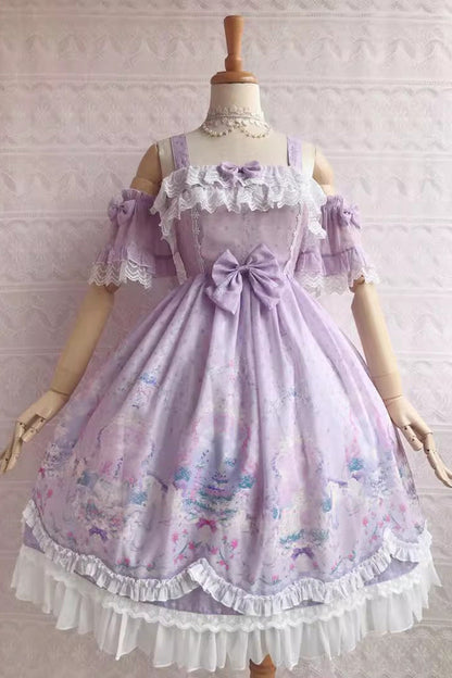 Sweetie Violet Unicorn's Secret Garden Print Ruffle Bowknot Sweet Lolita Jsk Dress 7 Colors