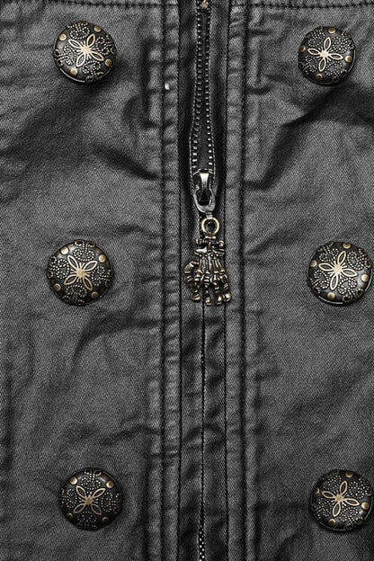 Men's Stand Collar Jacquard Print Stitching Metal Ring Decoration Gothic Vest 2 Colors