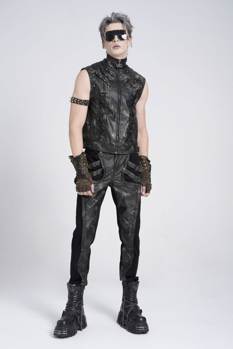 Black/Grey Faux Leather Stitching Buckle Men's Punk Pants