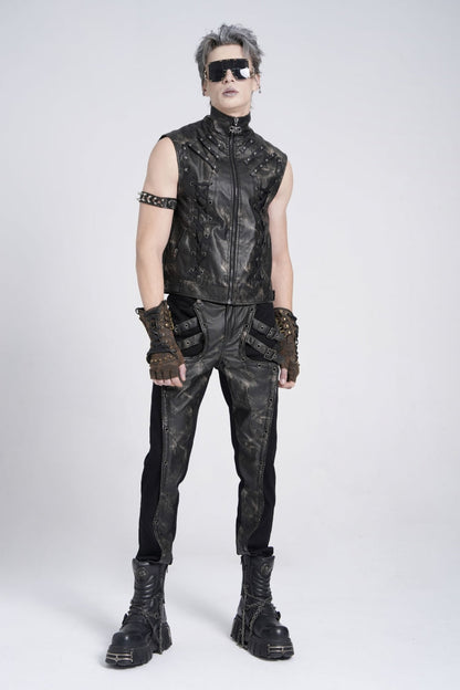 Black/Grey Faux Leather Stitching Buckle Men's Punk Pants