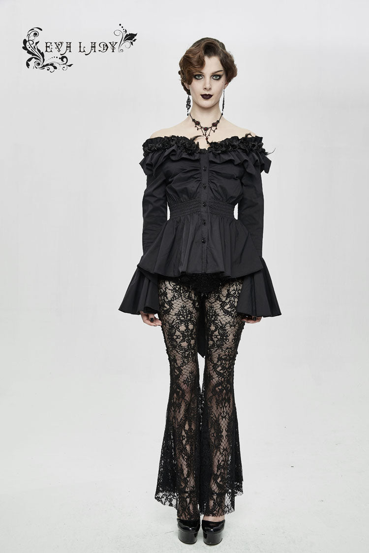Black Rose Flowers Decoration One-Word Collar Long Sleeve Flare Cuff Women's Gothic Blouse