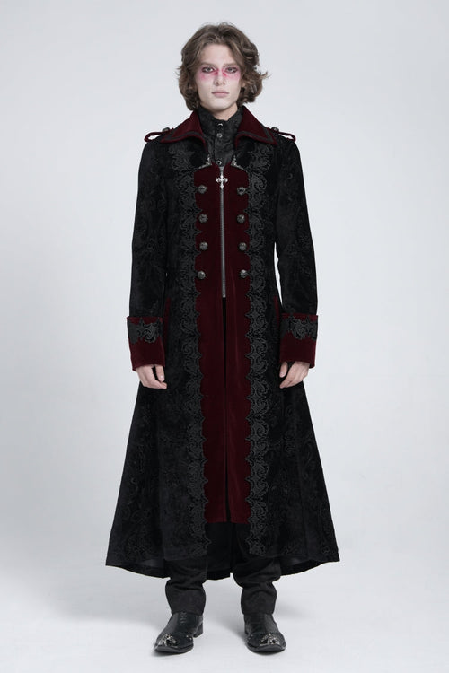 Black/Red Lapel Collar Embroidery Zipper Men's Gothic Handsome Coat
