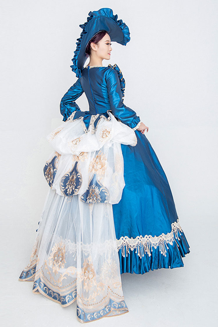 Blue Long Sleeves High Waisted Trailing Ruffled Victorian Lolita Prom Dress