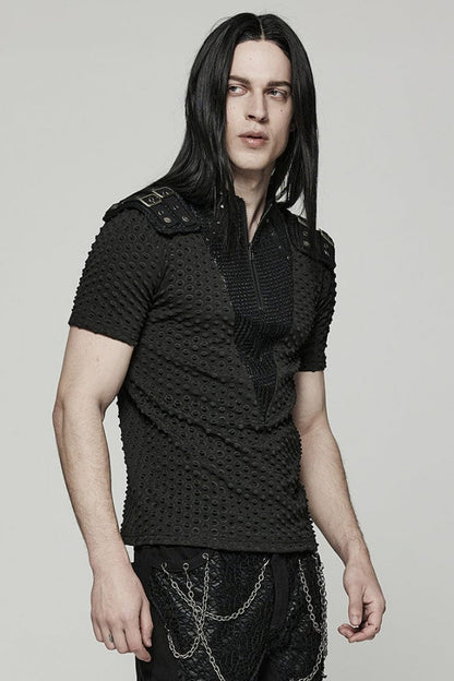 Black Short Sleeves Mesh Bubble Buckle Zipper Mens Steampunk T-Shirt