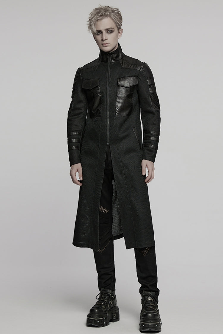 Black Stand Collar Long Sleeves Faux Leather Stitching Mesh Men's Punk Coat