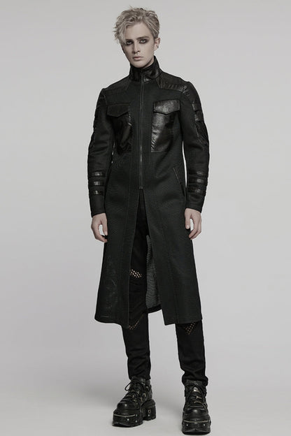 Black Stand Collar Long Sleeves Faux Leather Stitching Mesh Men's Punk Coat