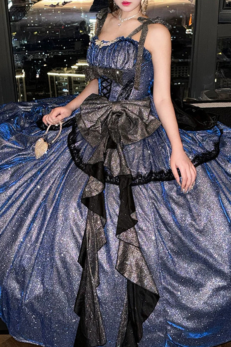 Blue [Galaxy of Fallen Tears] Sleeveless Glitter Series Ruffled Bow Asymmetric Sweet Lolita Jsk Dress