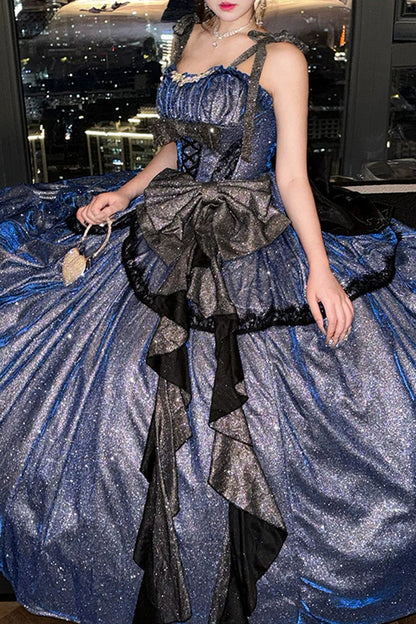 Blue [Galaxy of Fallen Tears] Sleeveless Glitter Series Ruffled Bow Asymmetric Sweet Lolita Jsk Dress