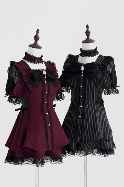 Black [Waltz] Short Sleeves Stripe Print Ruffle Bowknot Gothic Jirai Kei Japanese Dress Set