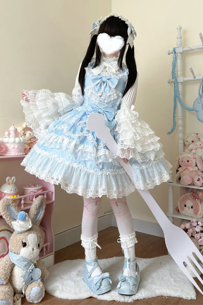 Blue [Love and Heart Flutter] Sleeveless Multi-Layered Ruffle Bowknot Lace Pearl Sweet Lolita Jsk Dress