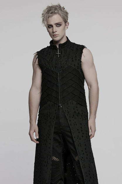 Black Stand Collar Sleeveless Cross Distressed Embroidery Men's Gothic Long Vest