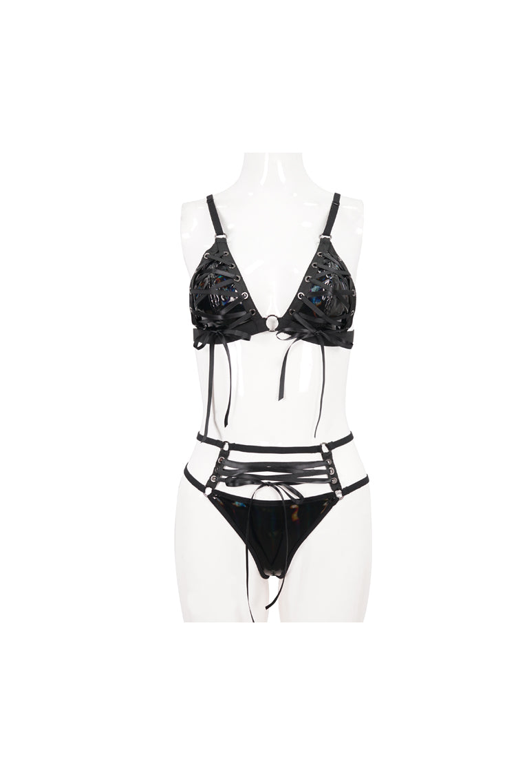 Black Stretch Magic Bright Leather Rope Women's Punk Interesting Underwear Set