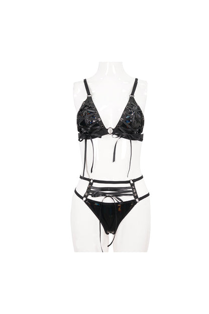 Black Stretch Magic Bright Leather Rope Women's Punk Interesting Underwear Set