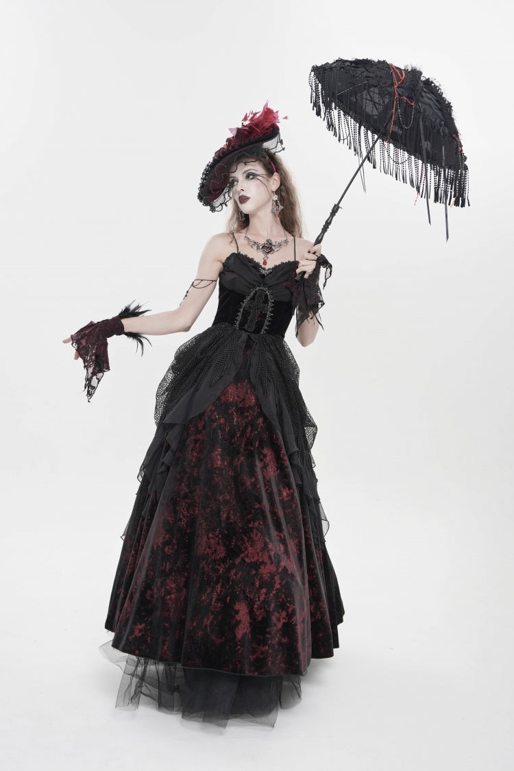 Black/Red Sleeveless Multi-Layered Hanayome Lace Lace-Up Women's Gothic  Wedding Dress Printed Tassels Lace-up Slip Dress