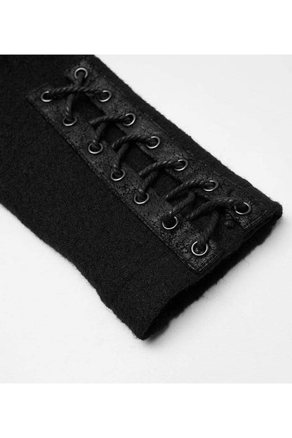 Black Punk Stand Up Collar Metal Buckle Crack Leather Strap Decoration Lace Up Cuff Woolen Women's Coat