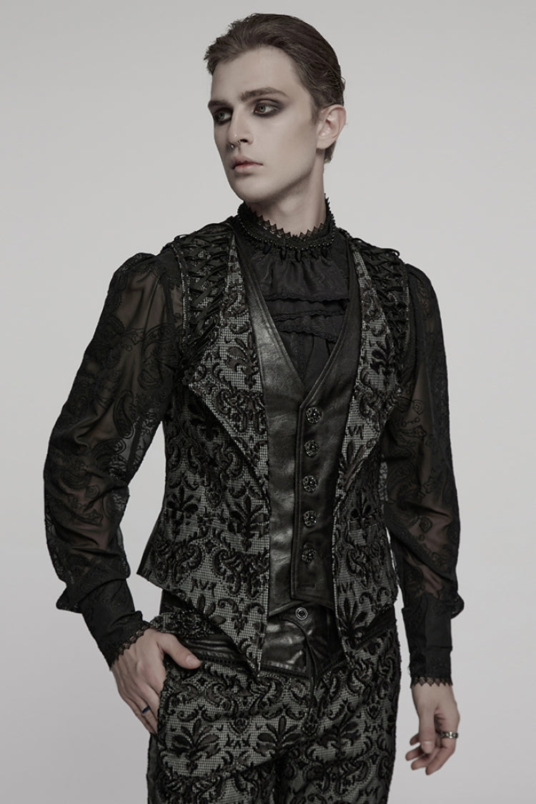 Black V Collar Long Sleeves Floral Embroidery Men's Gothic Vest