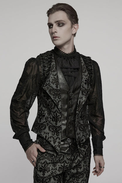 Black V Collar Long Sleeves Floral Embroidery Men's Gothic Vest