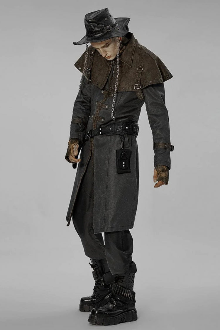 Grey Stand Collar Fake Two Piece Cloak Stitching Metal Buckle Mens Steampunk Coat