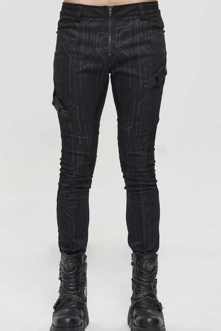Black Punk Casual Circuit Diagram Print Asymmetric Decoration Men's Long Pants