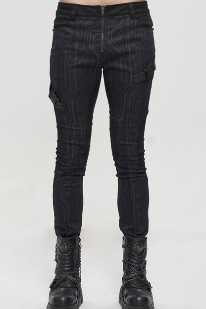 Black Punk Casual Circuit Diagram Print Asymmetric Decoration Men's Long Pants