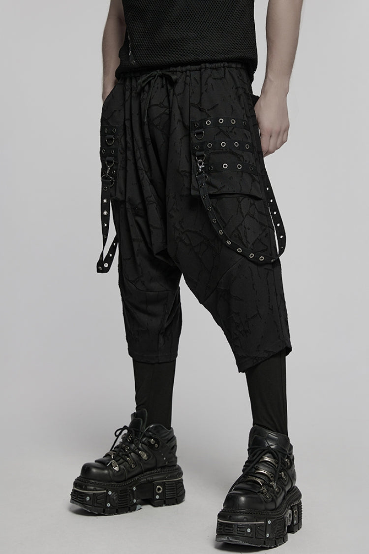 Black Tie-dyed Sagging Men's Punk Pants with Staps