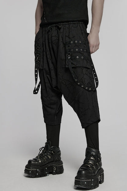 Black Tie-dyed Sagging Men's Punk Pants with Staps