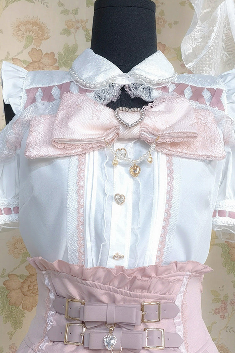 White/Pink Lapel Collar Short Sleeves Double-Layered Ruffle Bowknot Sweet Jirai Kei Set