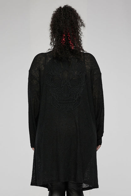 Black Soft Knitting Mottled Texture Asymmetric Hem Skull Decal On The Back Women's Plus Size Gothic Jacket