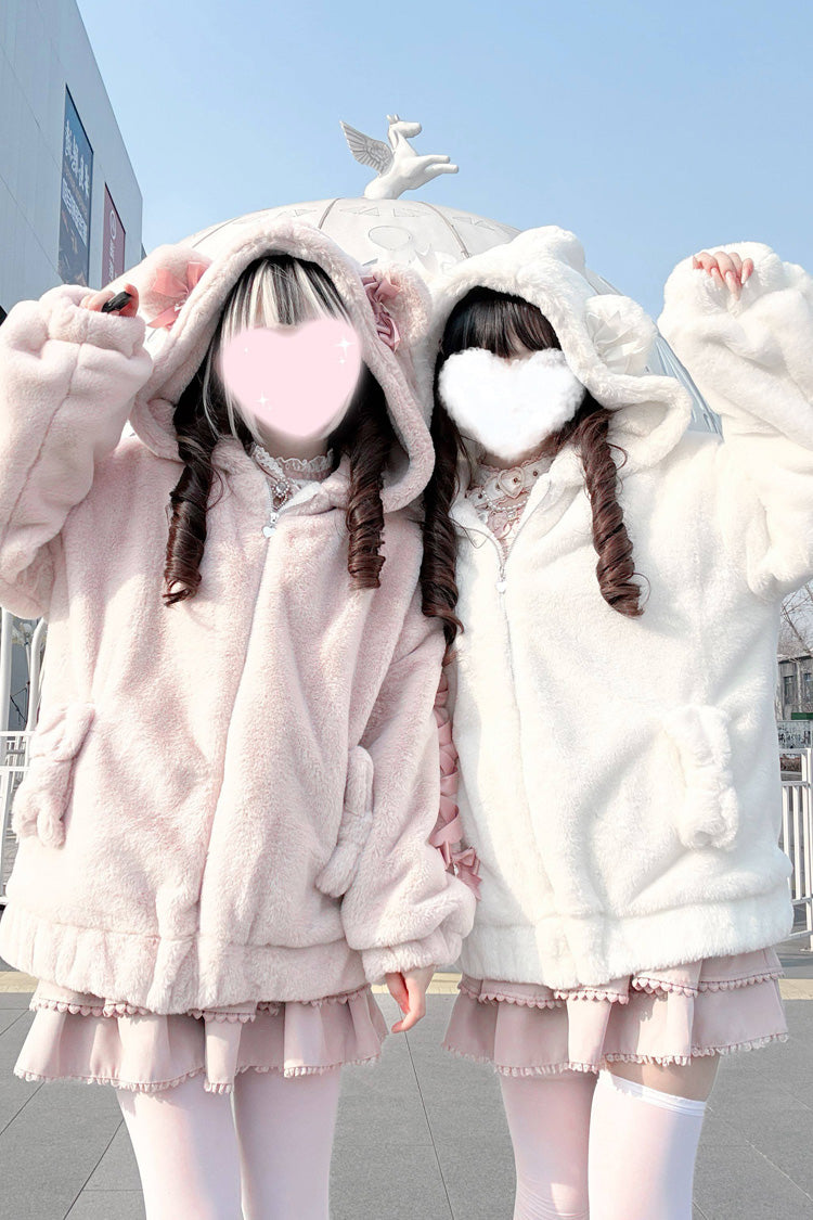 [Sleepy Bear Fluffy] Bear Ears Long Sleeves Bow Lace-Up Hooded Zippered Sweet Jirai Kei Japanese Coat
