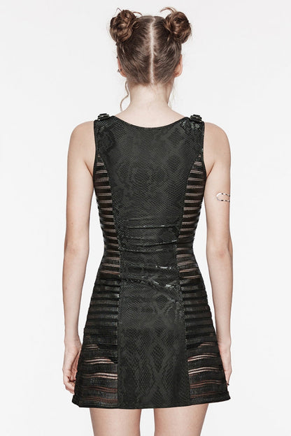 Black V Collar Sleeveless Snake Print Stitching Mesh Women's Punk Dress