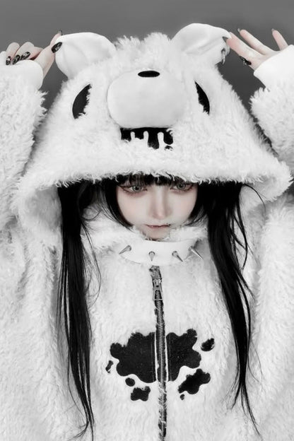 White Long Sleeves Bear Ears Hooded Zippered Gothic Jirai Kei Lolita Coat