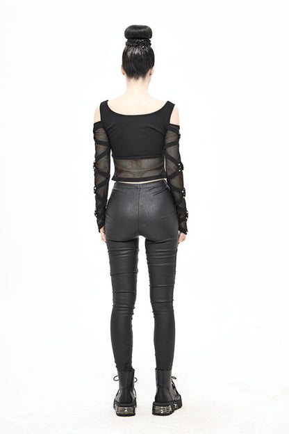 Black Sexy Mesh Spliced Off The Shoulder Long Sleeves Women Punk T-Shirt
