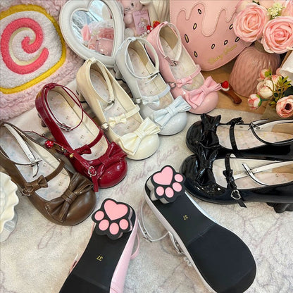 Round Toe Bow Mid Heel Lolita Mary Jane Shoes with Cat Paw Heels 7 Colors