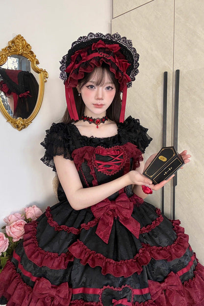 Black/Red [Super Cute Belia] Sleeveless Triple-Layered Ruffle Bowknot Lace Gothic Elegant Lolita Jsk Dress
