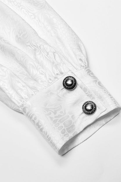 White Gothic Jacquard High Collar Front Chest Flounce Retro Metal Button Lantern Sleeve Men's Shirt