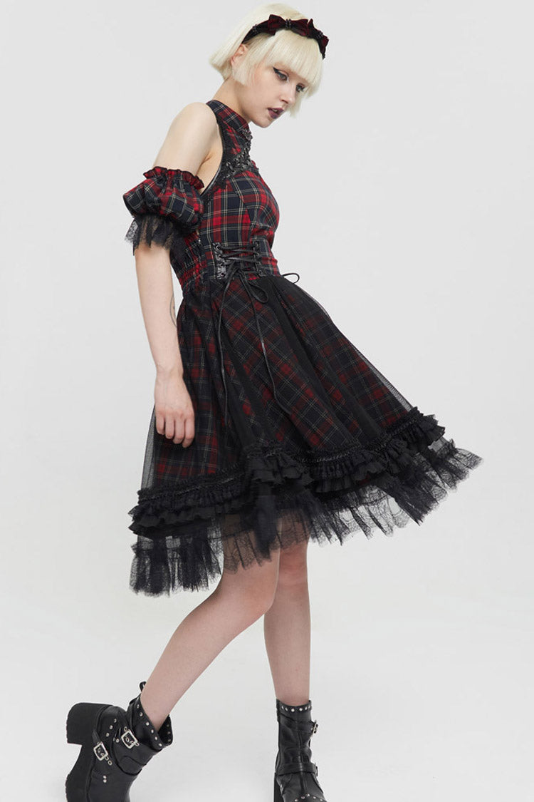 Black/Red Punk Off The Shoulder Plaid Chinese Style Cheongsam Collar Oversized Hem Women's Dress