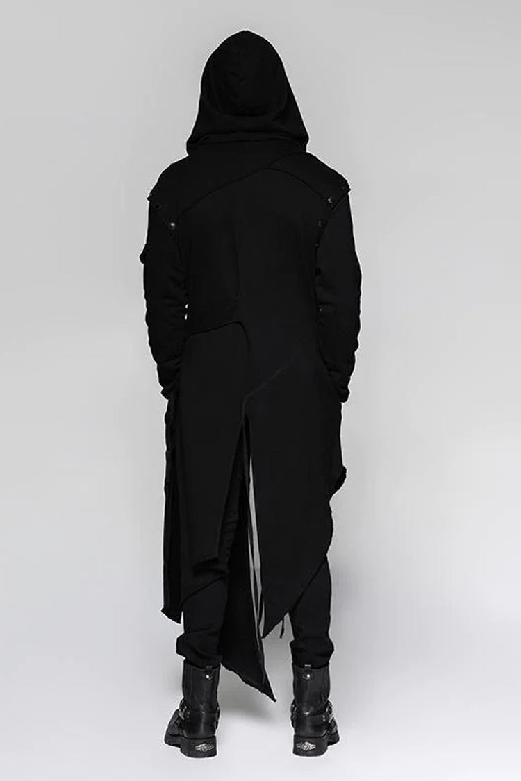 Black Strap Decoration Long Sleeves Irregular Hem Hooded Mens Steampunk Coat