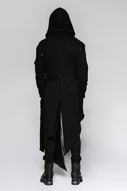 Black Strap Decoration Long Sleeves Irregular Hem Hooded Mens Steampunk Coat