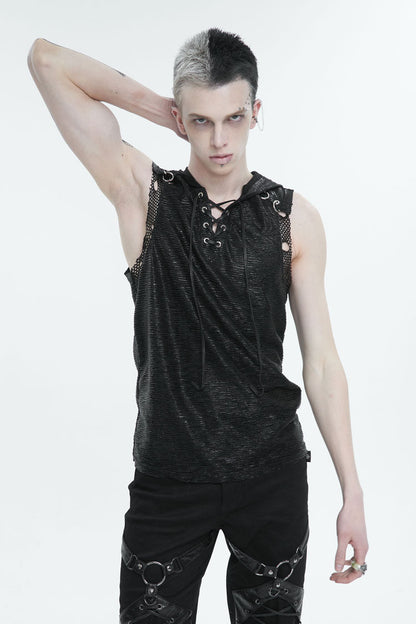 Black Strappy Mesh Splice Men's Punk Vest With Hood