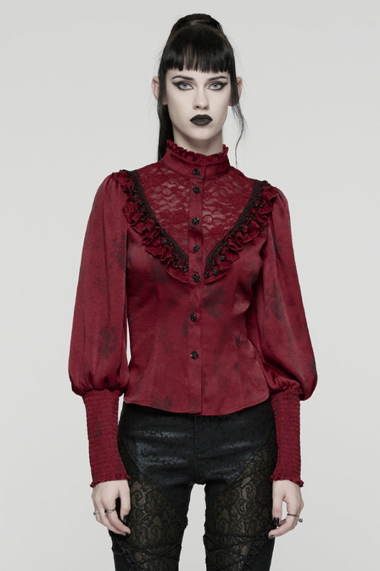 Red Stand Collar Long Puff Sleeves Ruffle Stitching Lace Women's Gothic Blouse