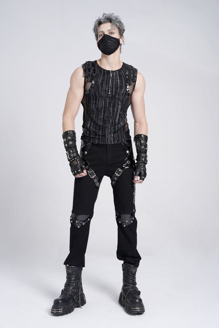 Black Sleeveless Ribbed Print Stitching Mesh Zipper Men's Gothic Vest