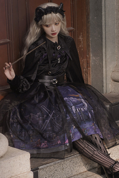 Black Witch Town Print With Veil Gothic Lolita JSK Dress