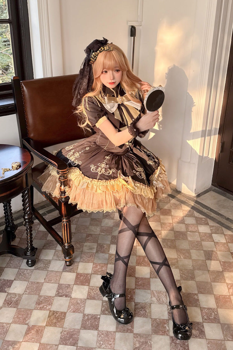 Black [Gilded Oath] Short Sleeves Double-Layered Ruffle Embroidery Bowknot Gothic Lolita Dress