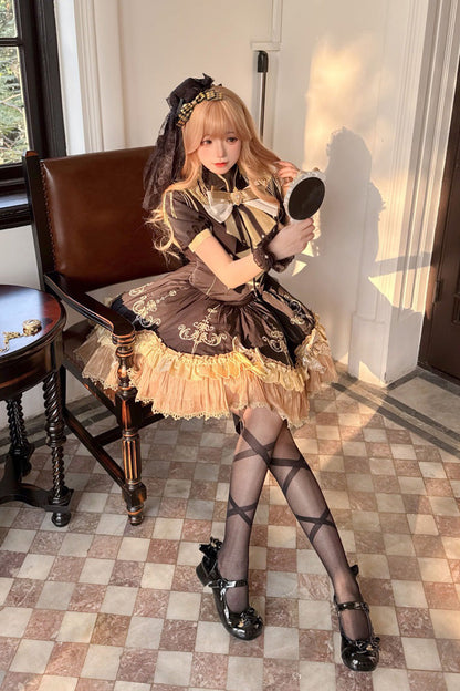 Black [Gilded Oath] Short Sleeves Double-Layered Ruffle Embroidery Bowknot Gothic Lolita Dress