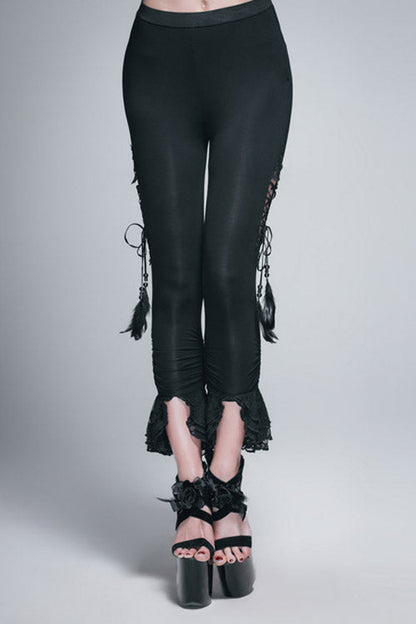 Black Side Hollow Out Lace Up Slit Lace Hem Gothic Womens Pants